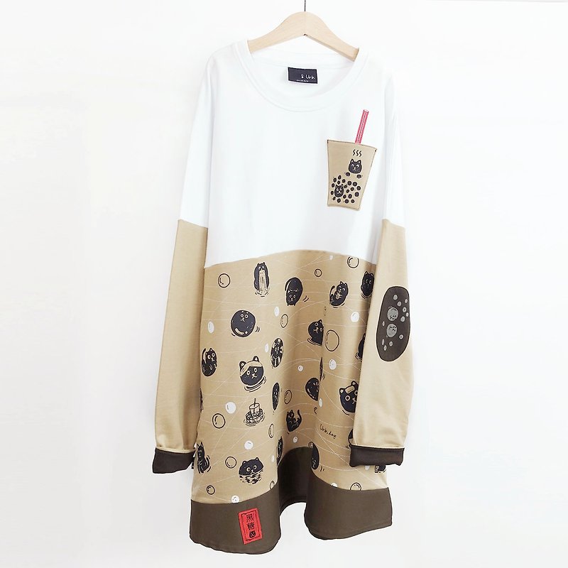 【Brown Sugar Hot Pearl Milk Tea】Long Sleeve Patch Pocket Dress - ชุดเดรส - ผ้าฝ้าย/ผ้าลินิน สีกากี