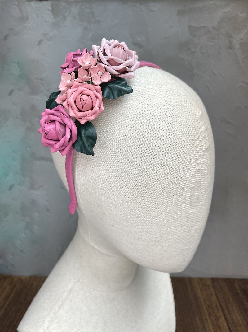 Pink Little Leather Rose Headband - เครื่องประดับผม - หนังแท้ สึชมพู