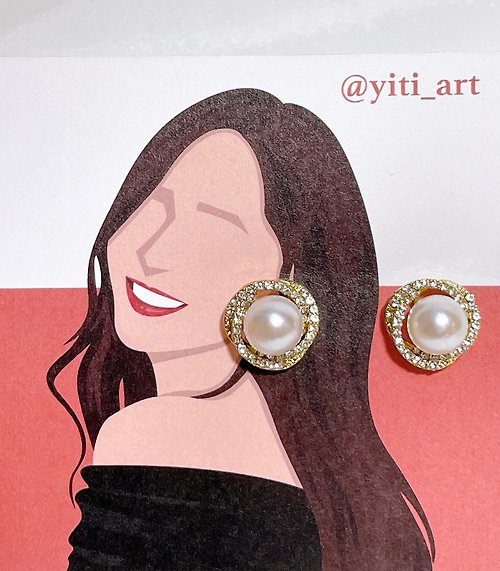 yitiart Yitiart 環繞水鑽珍珠耳環 似顏繪 情人節禮物 耳環背卡設計 生日