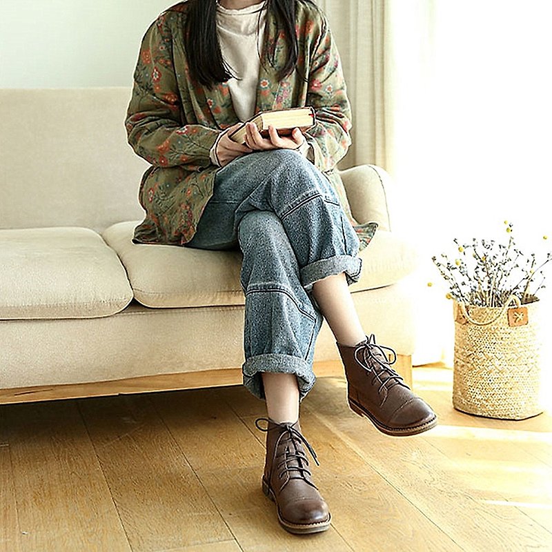 Retro literary leather women's flat ankle boots all-match comfortable autumn and winter - รองเท้าบูทสั้นผู้หญิง - หนังแท้ สีดำ