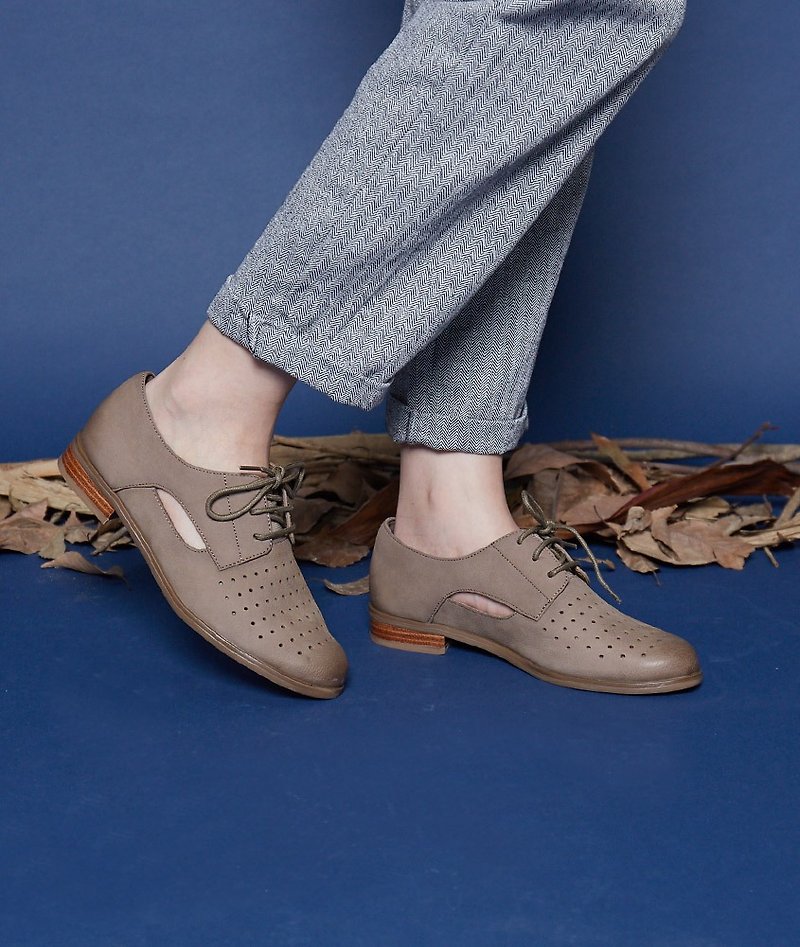 [Silence Night] hollow leather Derby shoes on the side of the hole _ gray sand brown - Women's Oxford Shoes - Genuine Leather Khaki