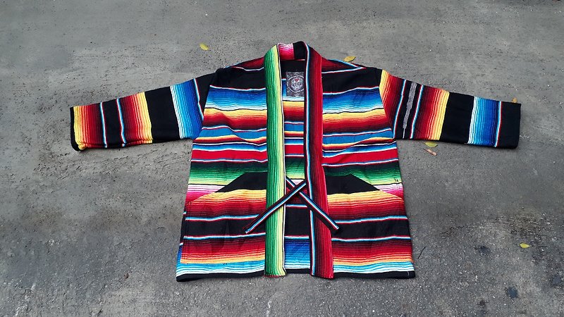 AMIN'S SHINY WORLD手工墨西哥彩虹毯滿版罩衫大衣 - 外套/大衣 - 棉．麻 多色