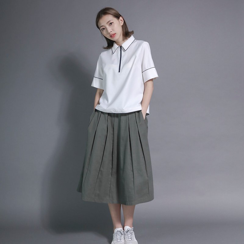Centrifugal eccentricity pleated long skirt _7SF153_军绿 - กระโปรง - ผ้าฝ้าย/ผ้าลินิน สีเขียว