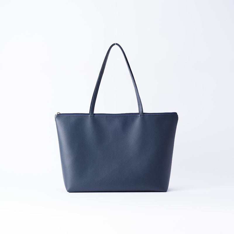 Plain leather large shoulder tote bag dark blue - กระเป๋าแมสเซนเจอร์ - หนังเทียม สีน้ำเงิน