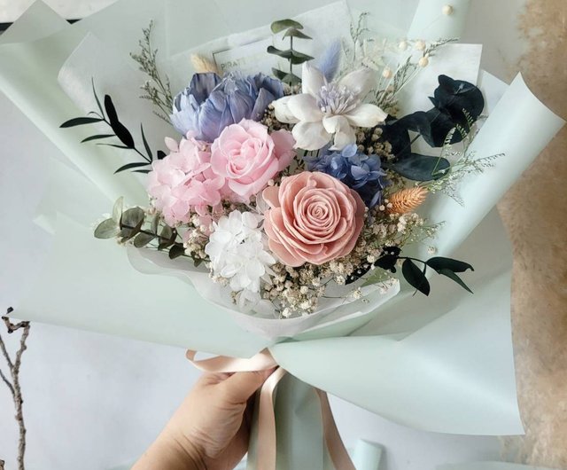 Haizang Design│Fresh pink blue. Dry Preserved Rose Bouquet