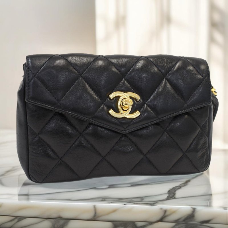 LA LUNE - Rare second-hand Chanel black gold belt shoulder armpit small bag side back handbag - Messenger Bags & Sling Bags - Genuine Leather Black