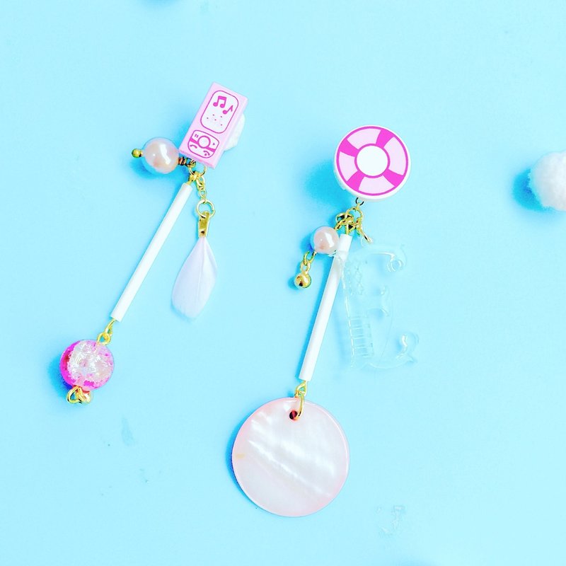 LET'S GO WORKSHOP • 粉 字母 訂製 不對稱 長款 耳釘 耳環 耳夾 耳鉤 耳飾 EARRINGS - 耳環/耳夾/耳骨夾 - 其他材質 粉紅色