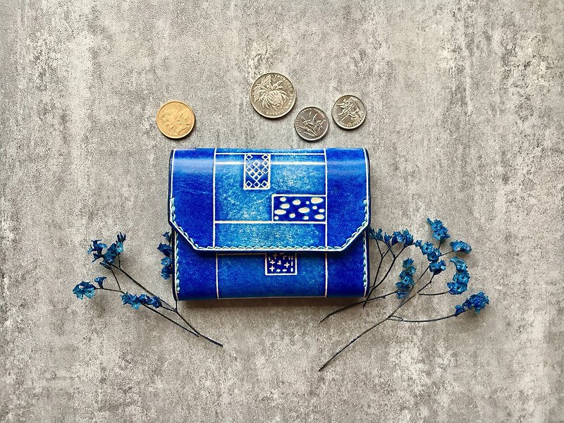 Leather wallet with geometric patterns / blue leather card case / card holder - Coin Purses - Genuine Leather Blue