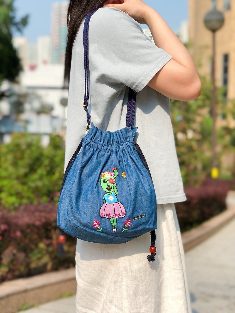 Embroidered Denim Drawstring Across-body Bag - Can You See The Beautiful Flowers - Messenger Bags & Sling Bags - Thread Blue