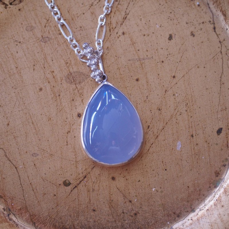 天然藍玉髓 灰藍色 大顆 純銀手工銀鍊 Blue Chalcedony Necklace - 項鍊 - 半寶石 藍色