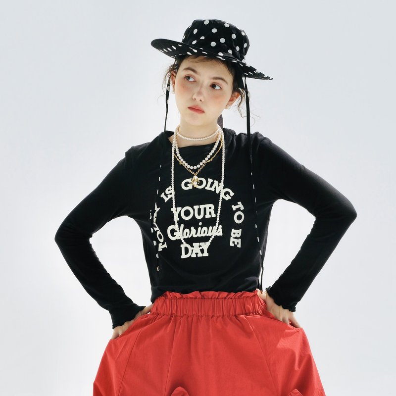 黑色字母印花長袖T恤 / 上衣 T-shirt - 女上衣/長袖上衣 - 棉．麻 黑色