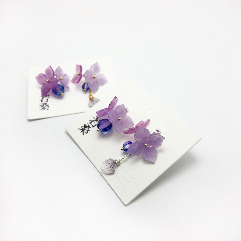 樹脂 耳環/耳夾 紫色 - 【若桑】紫璃II。紫陽花/繡球花。樹脂&復古水晶珠。純銀耳環。