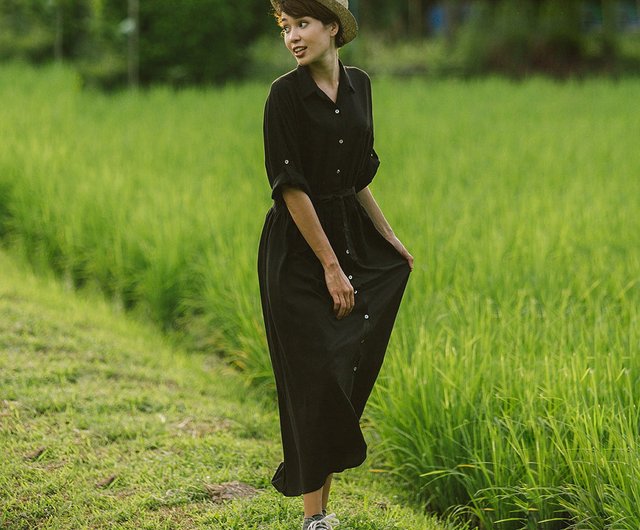 Linen-Viscose Maxi Shirt Dress, Bret, Black - Shop ChiangmaiCotton