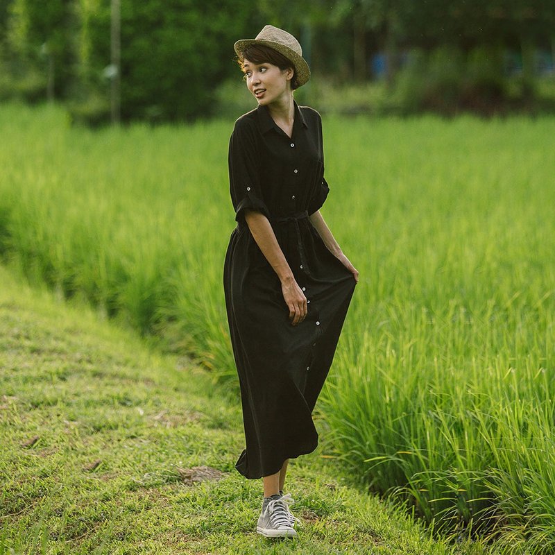 Linen-Viscose Maxi Shirt Dress, Bret, Black - 洋裝/連身裙 - 棉．麻 黑色
