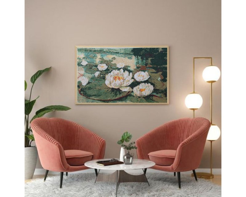 Handmade Waterlily painting, Lotus wall art, for wall decor, finished cross s - ตกแต่งผนัง - งานปัก สีเขียว