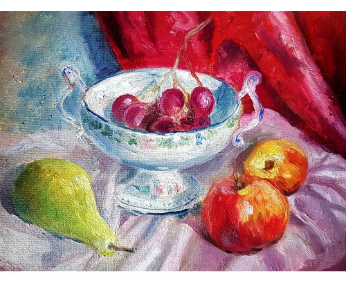アート作品　石粉粘土　日本画顔料　レリーフ作品　りんご　インテリア りんご 絵画買取・販売の小竹美術