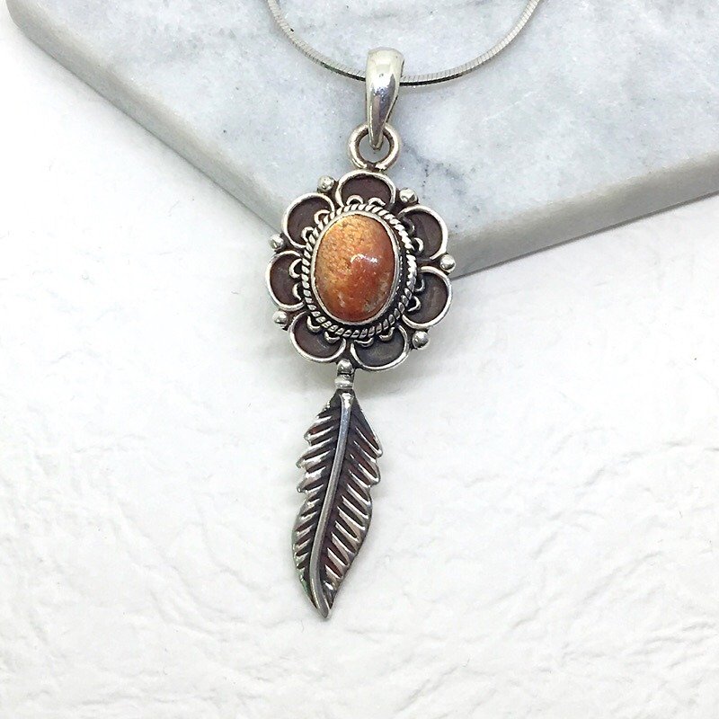 太陽石日光石925純銀花朵羽毛設計項鍊 尼泊爾手工鑲嵌製作 - 項鍊 - 寶石 橘色