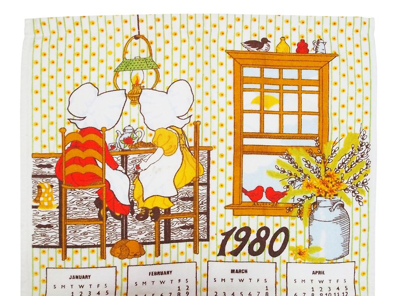 1980初期のアメリカのキャンバスカレンダー - ウォールデコ・壁紙 - コットン・麻 ホワイト