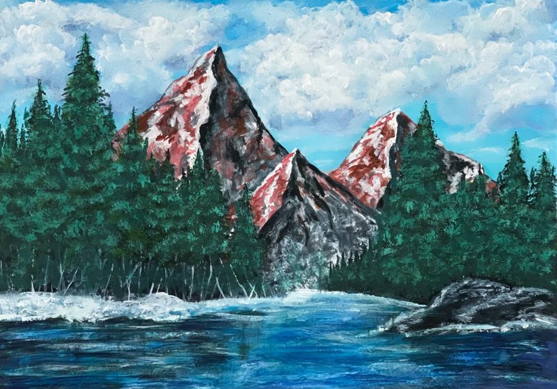 Red mountains. Mountain landscape. Gouache. - ตกแต่งผนัง - กระดาษ 