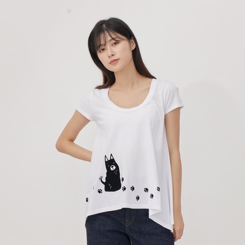 黑狗兄純白短袖傘襬女TEE - 女 T 恤 - 棉．麻 