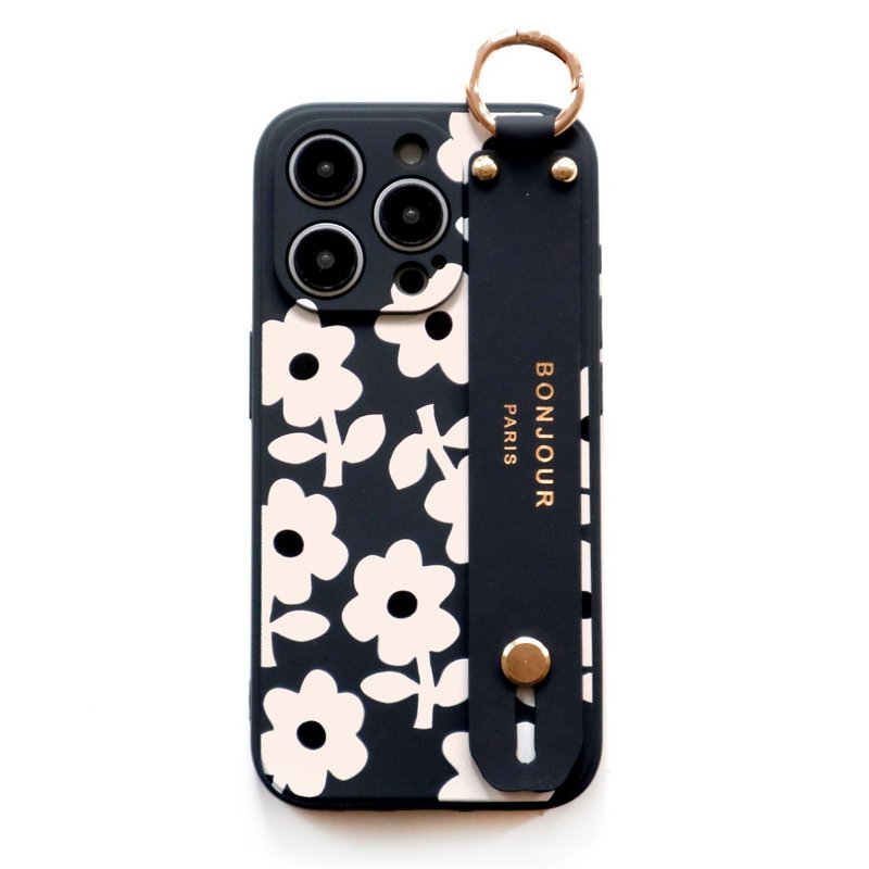 iPhone16/15/14/13/12 Girls Series-French Pastoral Little Apricot Blossom Hand Strap Phone Case - เคส/ซองมือถือ - พลาสติก สีดำ