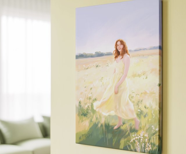 黄色いドレスの女性 油絵 壁掛けアート インテリア装飾 アート作品