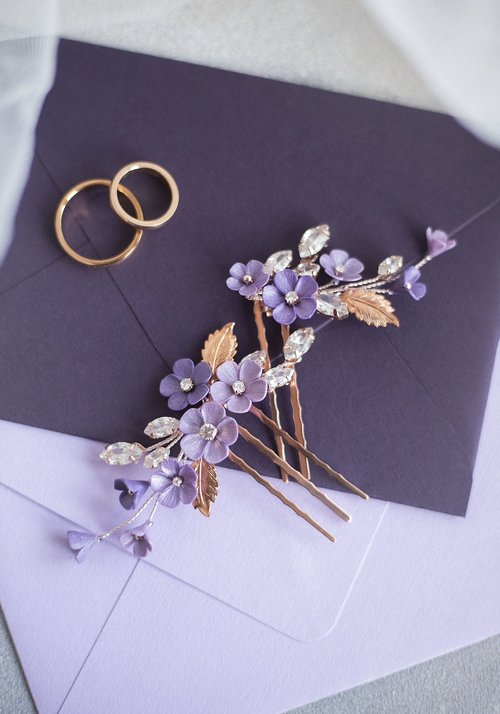Kamael Shine Violet rose gold hair comb, Floral wedding hair piece, Dusty purple bridal pin