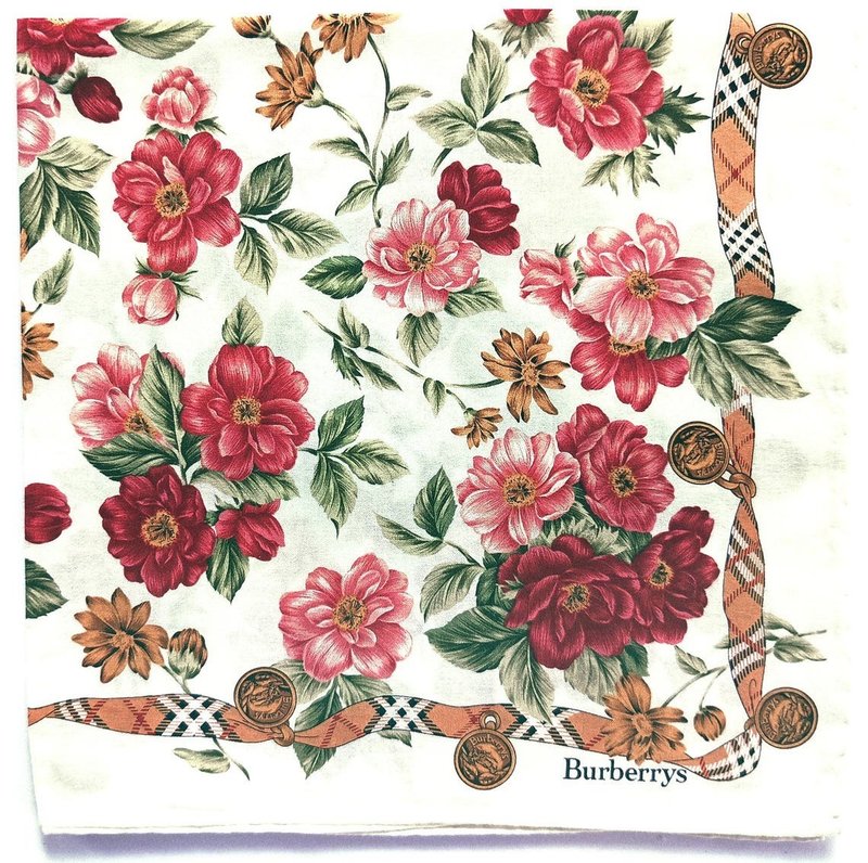 Burberry Vintage Handkerchief Floral Check Ribbon 20 x 19 inches - 手帕 - 棉．麻 紅色