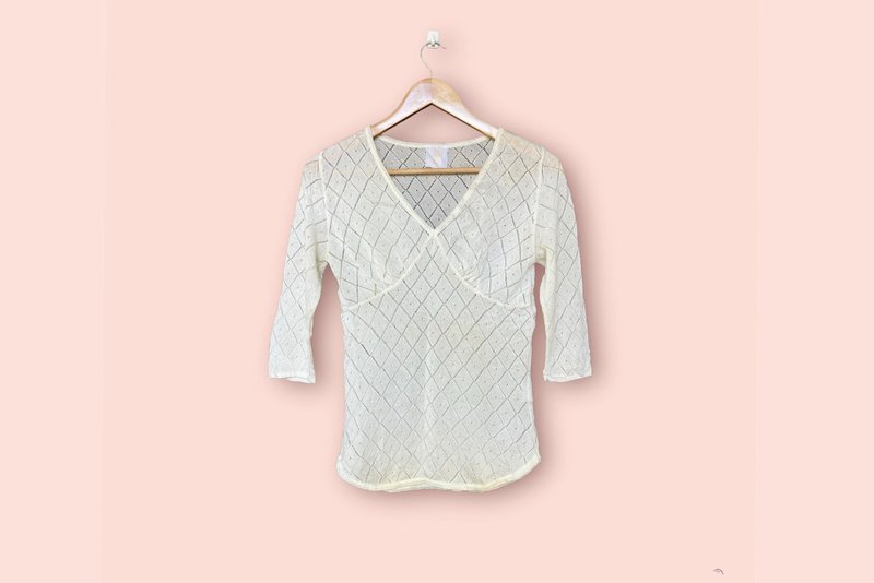 ANNA SUI White Knit Lace Sweater,sweatshirt,deep V neck pullover sweatshirt, S-M - 女上衣/長袖上衣 - 聚酯纖維 白色