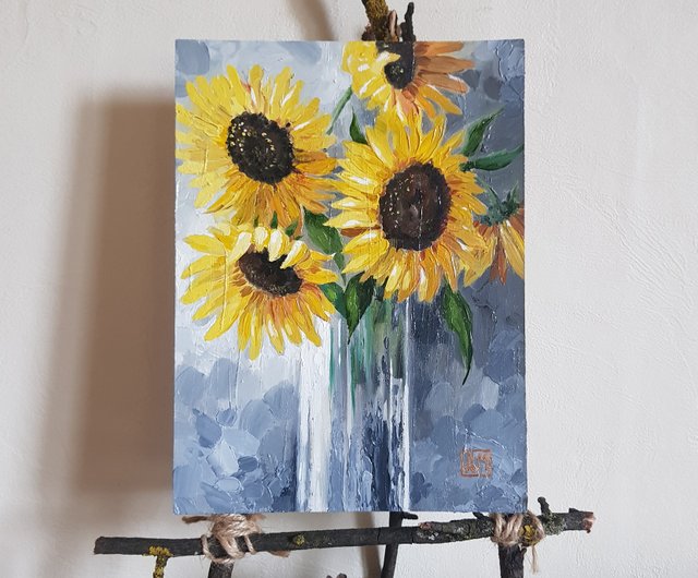 ひまわりアートワーク手描きの板紙に油絵とかわいい静物 - ショップ