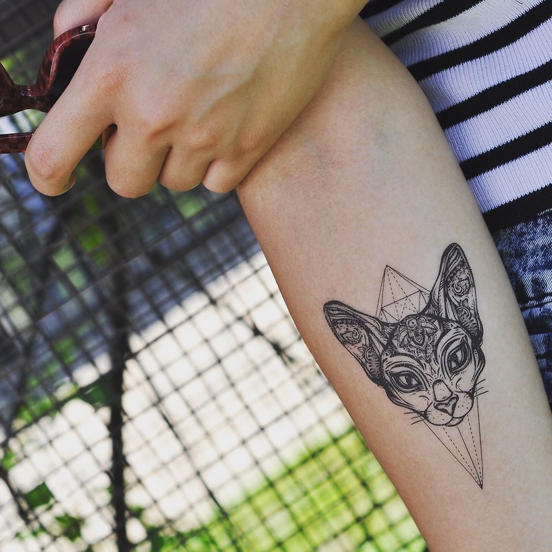 OhMyTat 斯芬克斯毛貓 Sphinx Cat 刺青圖案紋身貼紙 (2 張) - 紋身貼紙 - 紙 黑色