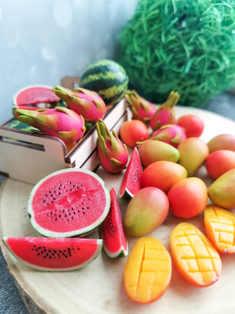 Miniature tropical Fruits: watermelon, melon, mango, dragonfruit, papaya - Other - Clay Multicolor