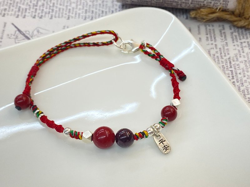 Cinnabar red Stone five-color thread kumihimo bracelet with five elements to ward off evil and bring good luck - สร้อยข้อมือ - เงินแท้ 