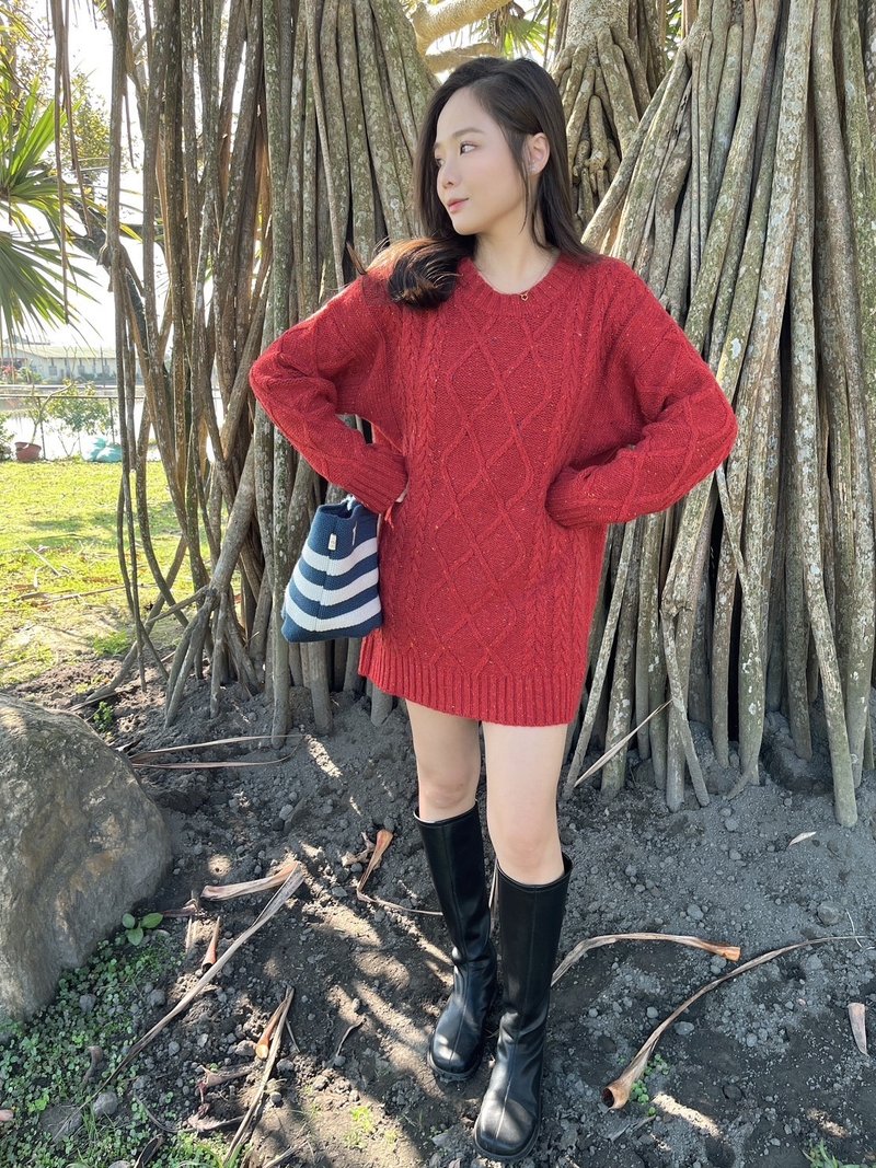 Venus Color Dot Long Knitwear (Red)-Made in Taiwan-Knitwear-Sweater - Women's Sweaters - Polyester Red