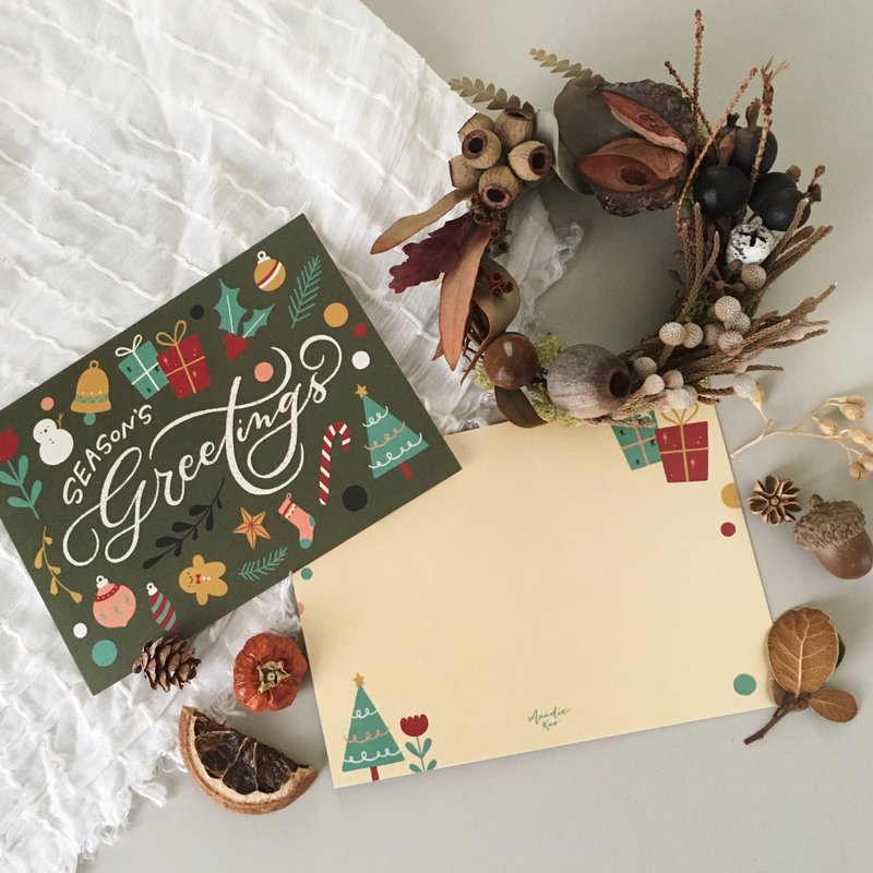 Seasons Greetings - Christmas Lettering Postcard - Cards & Postcards - Paper Green