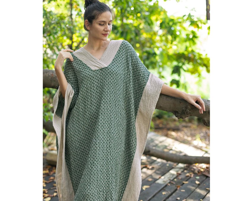 綠色與大地色系的棉質長袍長洋裝，質感豐富，波希米亞風格 - 連身裙 - 棉．麻 綠色