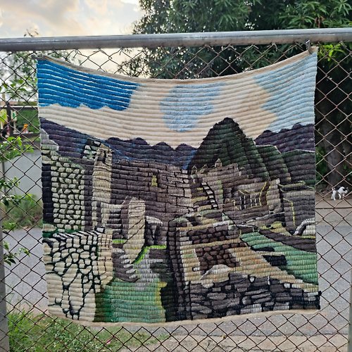 goodviewvintageshop Vintage Peruvian Wool Tapestry Hand Woven Machu Picchu Kitsch Rug
