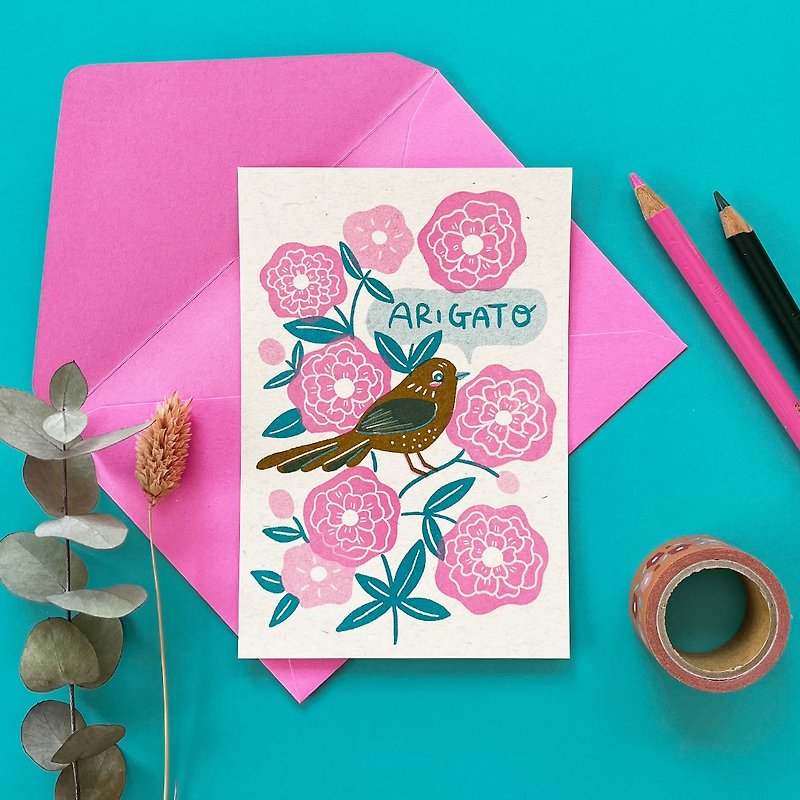 ARIGATO Card (Thank You Card) with Envelope - Flowers & Kotori - - Cards & Postcards - Paper Pink