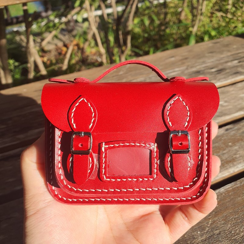 Mini satchel bag card wallet (magnet button) - Card Holders & Cases - Genuine Leather Red
