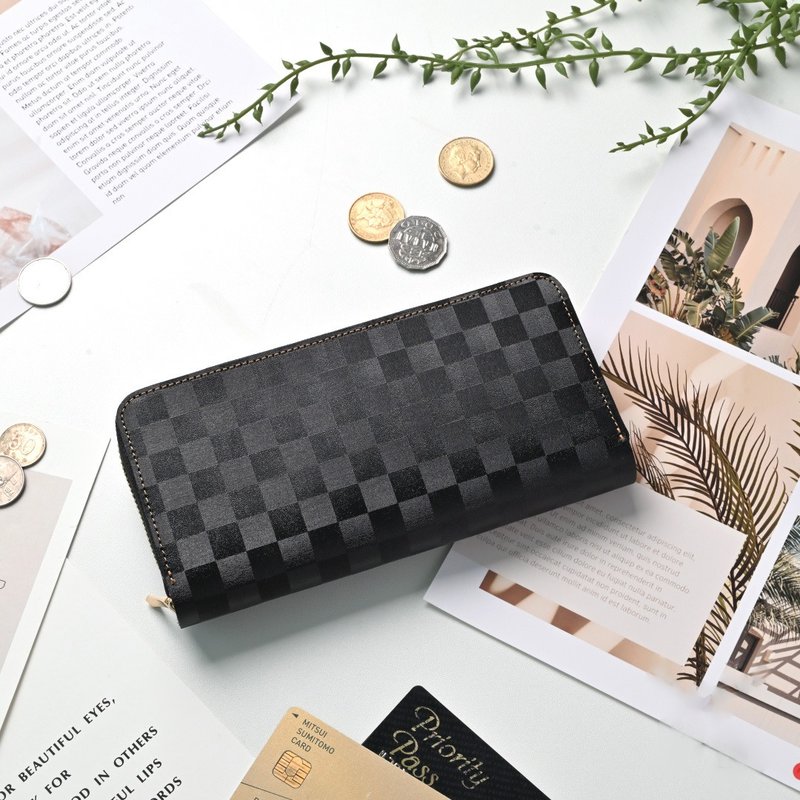 Accordion Style Long Wallet 【Italian Leather - Ichimatsu -】 Genuine Leather, Long Wallet, Gift HH50K - Wallets - Genuine Leather Black