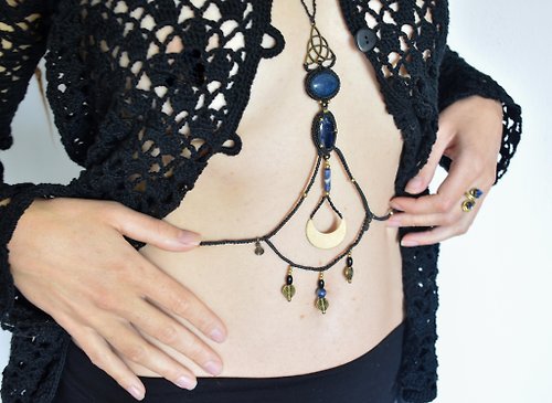 SARINAS Black body chain with sodalite and lapis lazuli, crescent moon body jewelry
