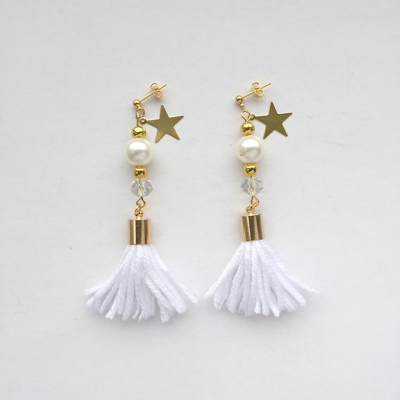 ❤️ ear clip-on can be changed! Simple pure white tassels, brass stars, crystal pearl earrings total length 7cm [] - ต่างหู - งานปัก ขาว
