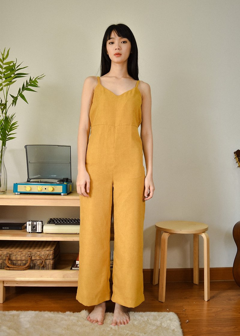 MUSTARD YELLOW JUMPSUIT WITH SPAGHETTI STRAP AND BACK ZIPPER - Overalls & Jumpsuits - Other Materials Yellow
