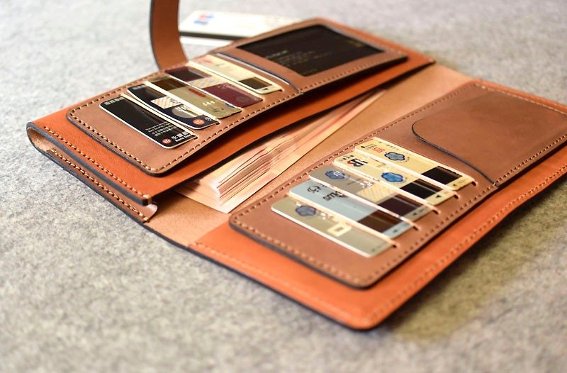 10 + 1 card leather long clip / large-capacity banknote bag bright orange leather + wood color leather - กระเป๋าสตางค์ - หนังแท้ 