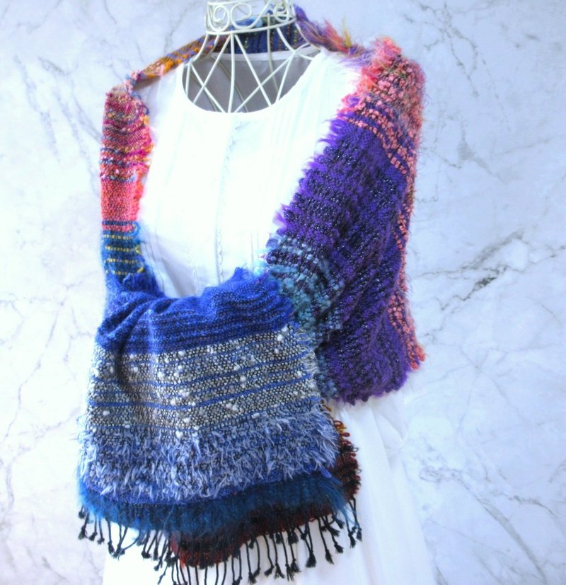 Handwoven Wool-Cotton Long Stole - Starry Night - ผ้าพันคอถัก - ขนแกะ สีน้ำเงิน