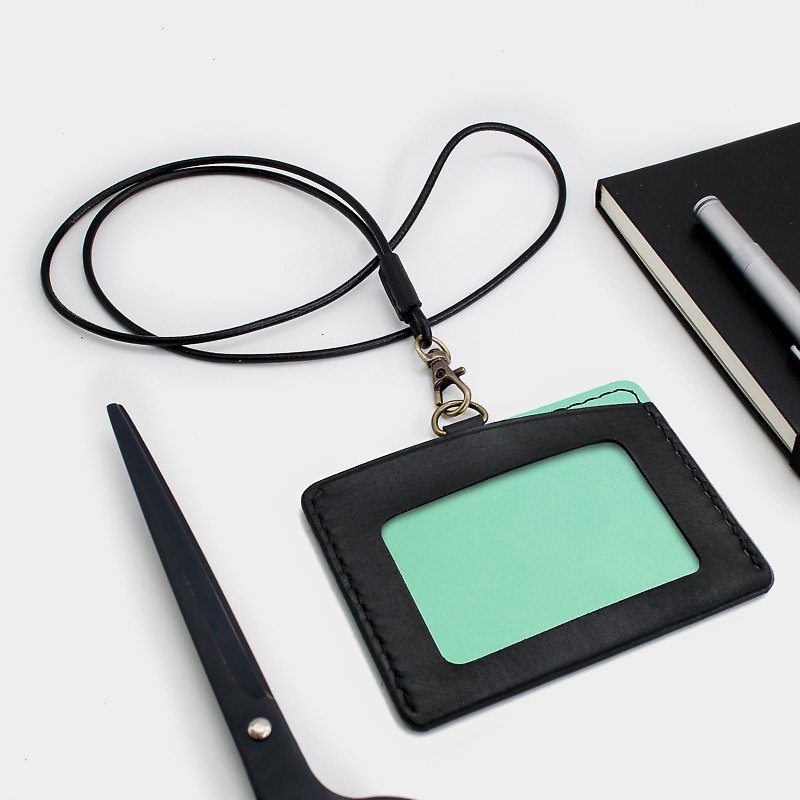 RENEW-Horizontal document holder, card holder black + lake water green vegetable tanned leather hand-stitched - ที่ใส่บัตรคล้องคอ - หนังแท้ สีเขียว