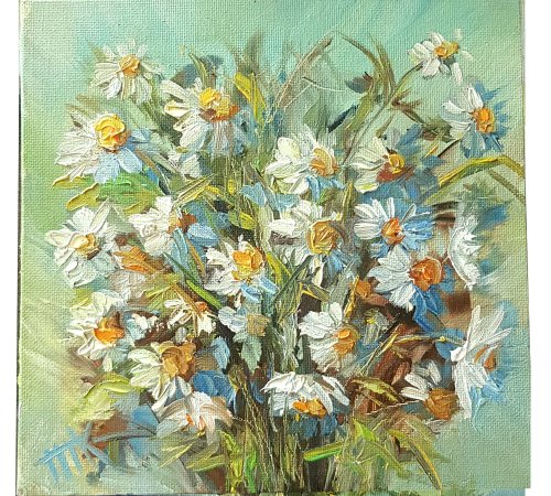 油絵 絵画【花のガーデニング】 デイジーの絵画 花のオリジナルアート、キャンバス上の油絵、花の厚