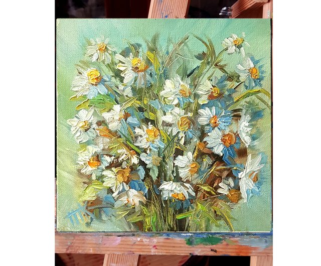 デイジーの絵画 花のオリジナルアート、キャンバス上の油絵、花の厚