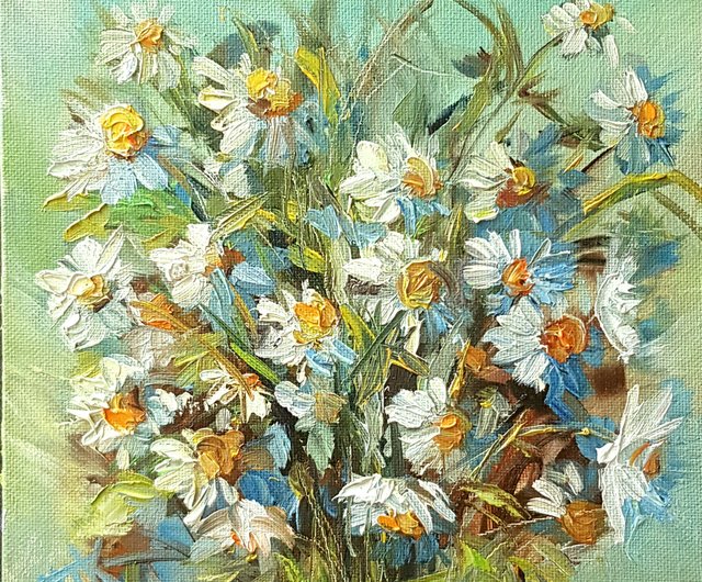 デイジーの絵画 花のオリジナルアート、キャンバス上の油絵、花の厚