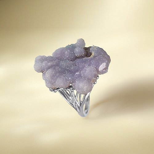 WANZAMGOK 灰紫色瑪瑙活口戒指 隨形原石標本 異象星光手工指環 S925銀